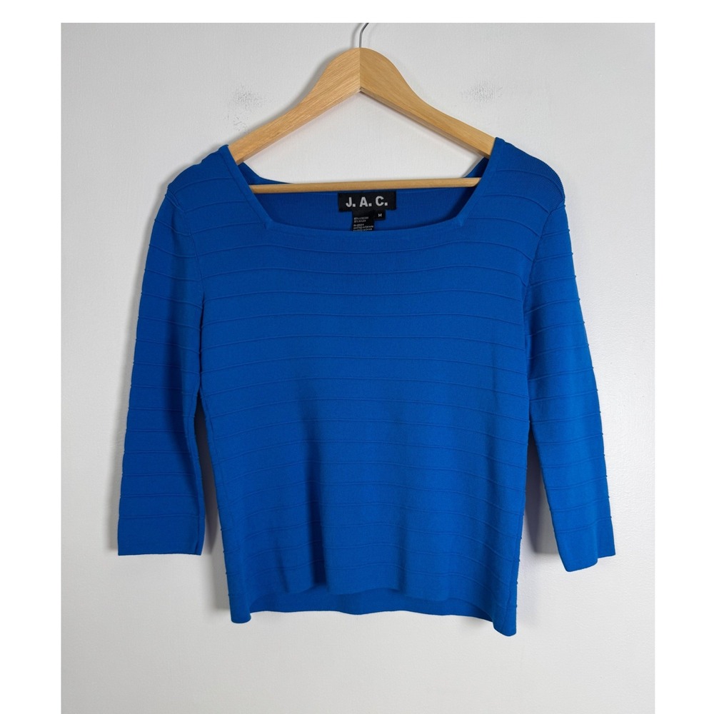 Contemporary J.A.C. Womens M Ribbed Square Neck Sweater Blue 3/4 Sleeve Tiered